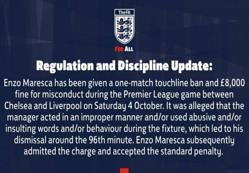 切尔西遭禁赛罚款 无主帅备战下一场比赛 马雷斯卡承认错误